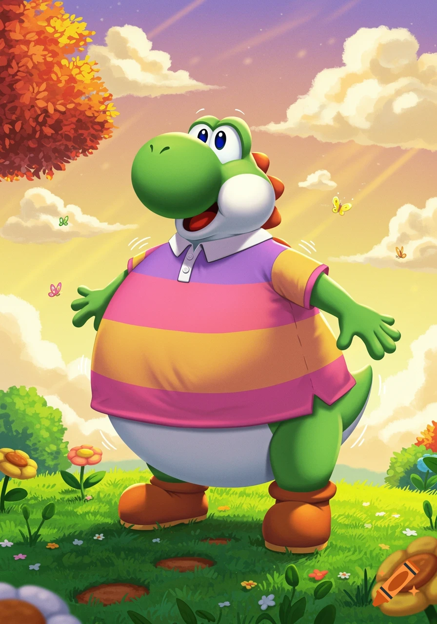 A green, inflated Yoshi wearing a striped pink, purple, and orange polo shirt stands in a vibrant green field with flowers under a colorful sky.