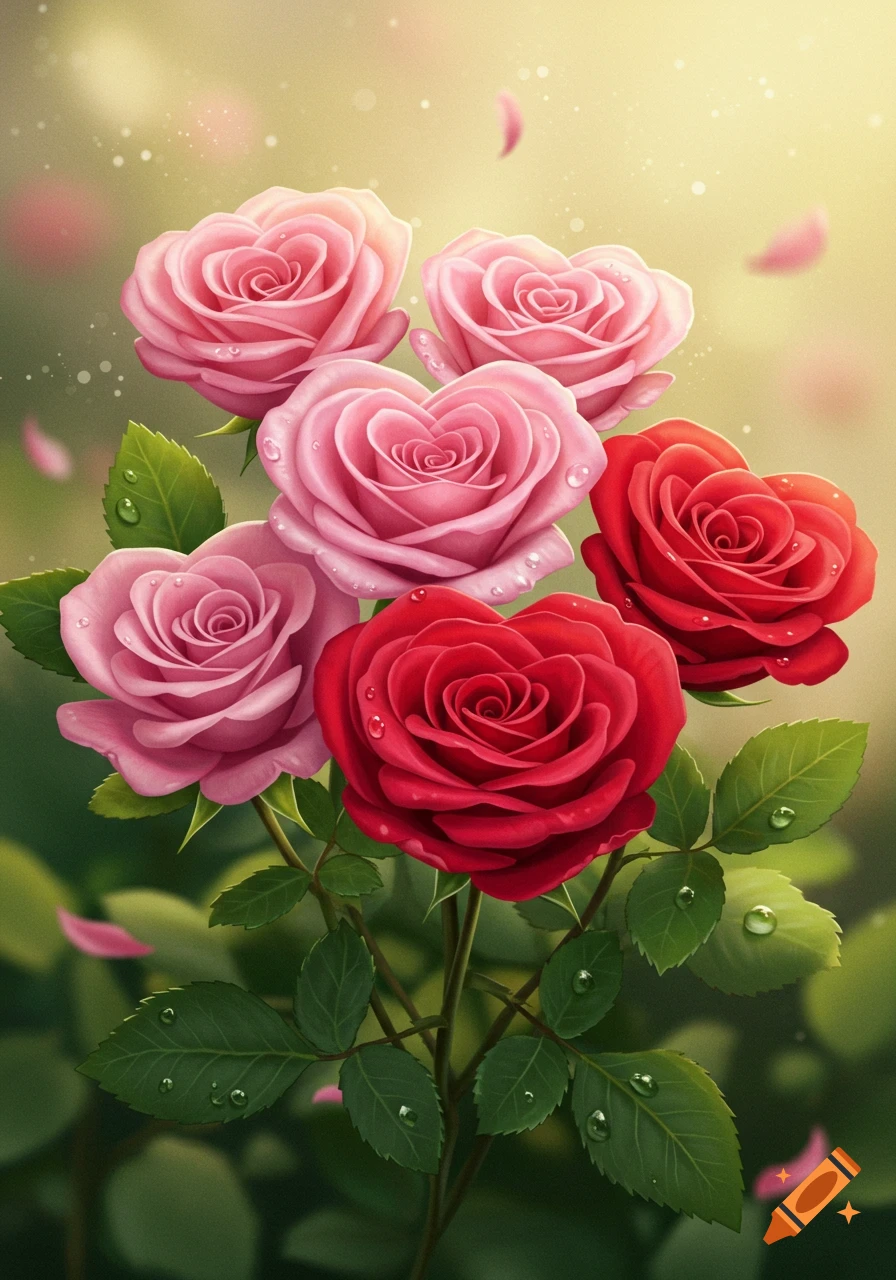 Close-up of a vibrant bouquet featuring pink and red roses with glistening water droplets on their petals and leaves, set against a soft, bright background.