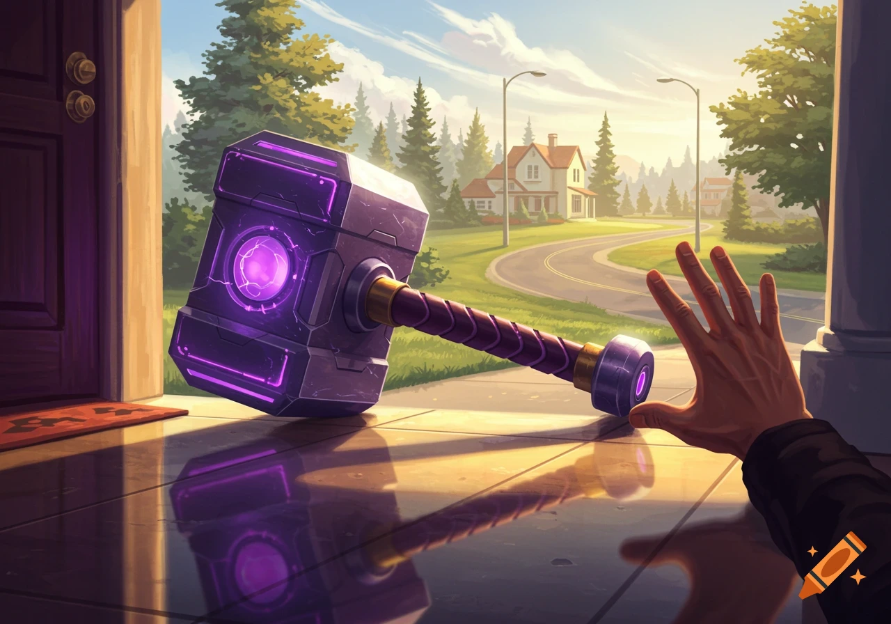 A large, glowing purple hammer rests on a doorstep as a hand reaches towards it from the side. A suburban street with houses and trees is in the background under a morning sky.