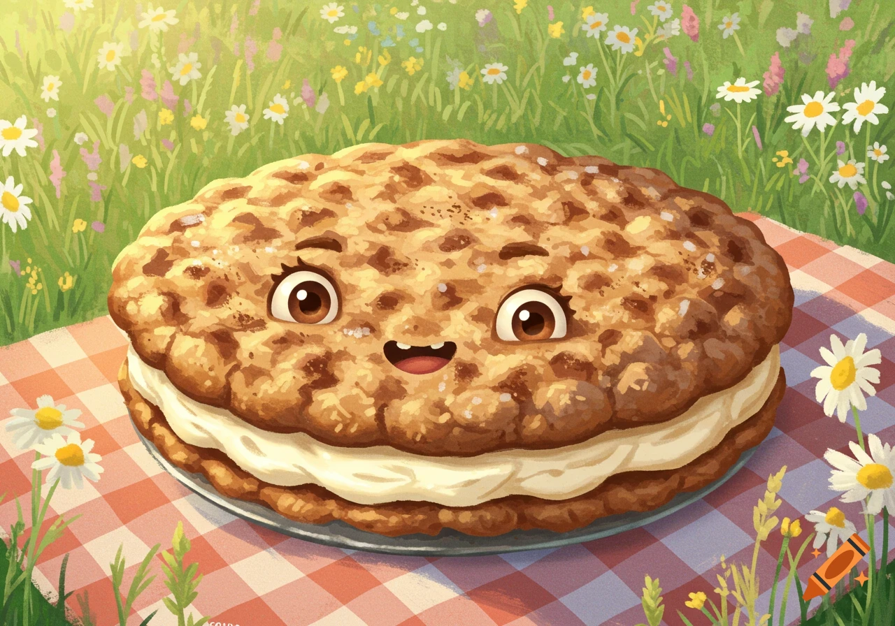 A happy, cartoon oatmeal cream pie with a cream filling sits on a red and white checkered blanket in a field of wildflowers.
