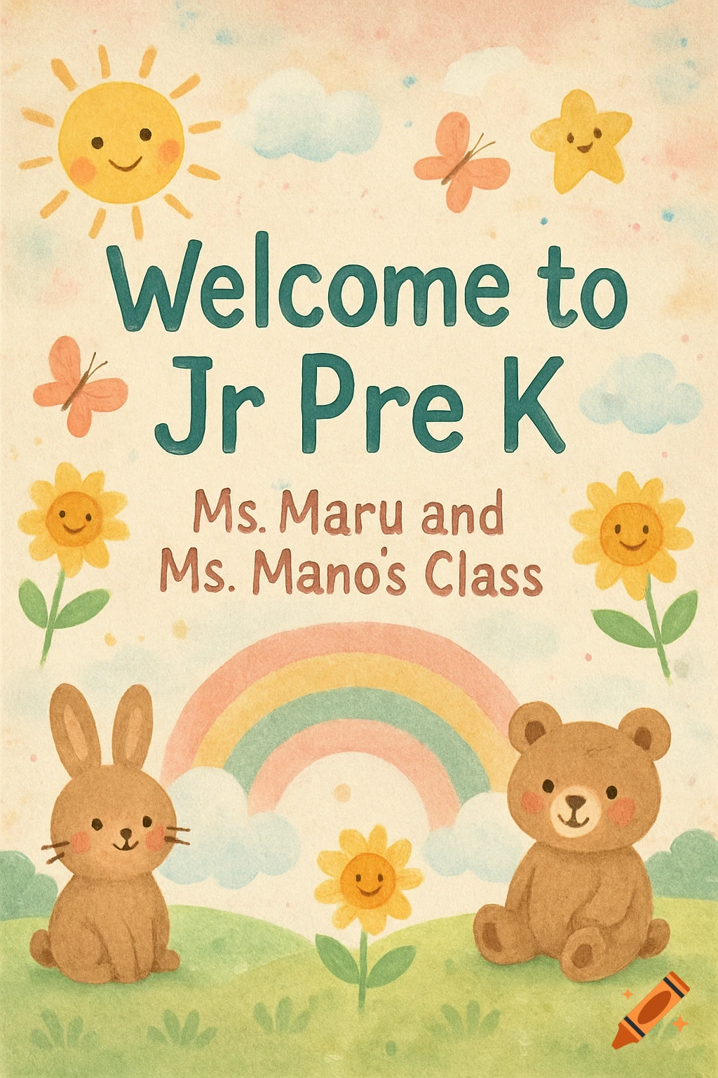 Watercolor welcome sign for Jr Pre K class with smiling sun, clouds, butterflies, flowers, rainbow, bunny, and bear.