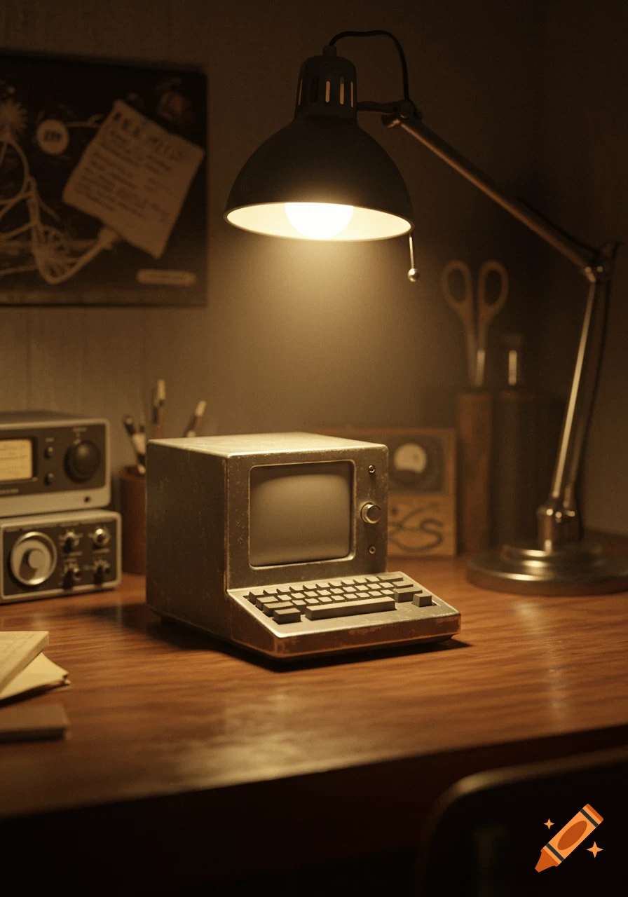 A vintage desk setup with a small, retro-style box computer, a dark metal desk lamp casting warm light, and other old equipment on a wooden desk.