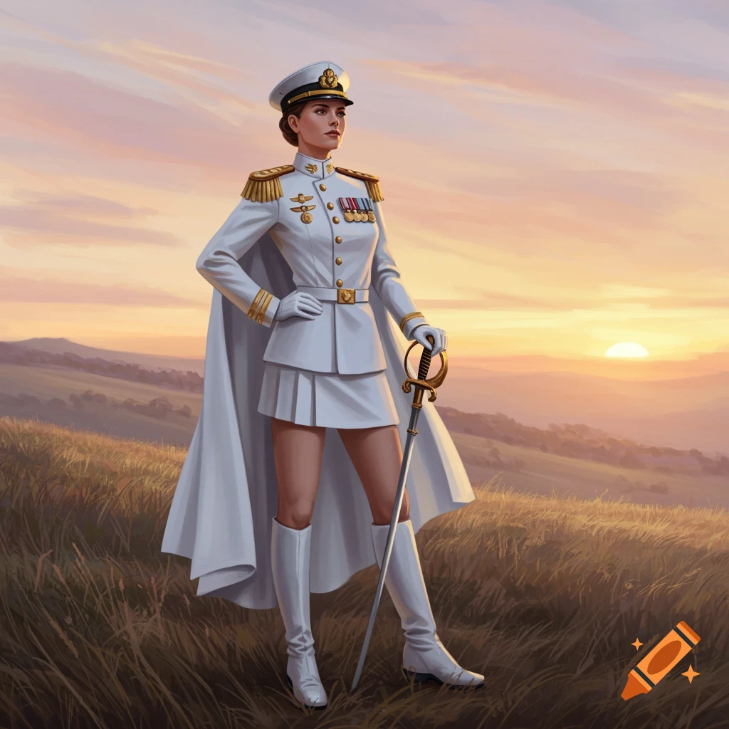 Illustration of a female military officer in white uniform, cap, long cape, miniskirt, and boots, holding a sword on a hilltop at sunrise.