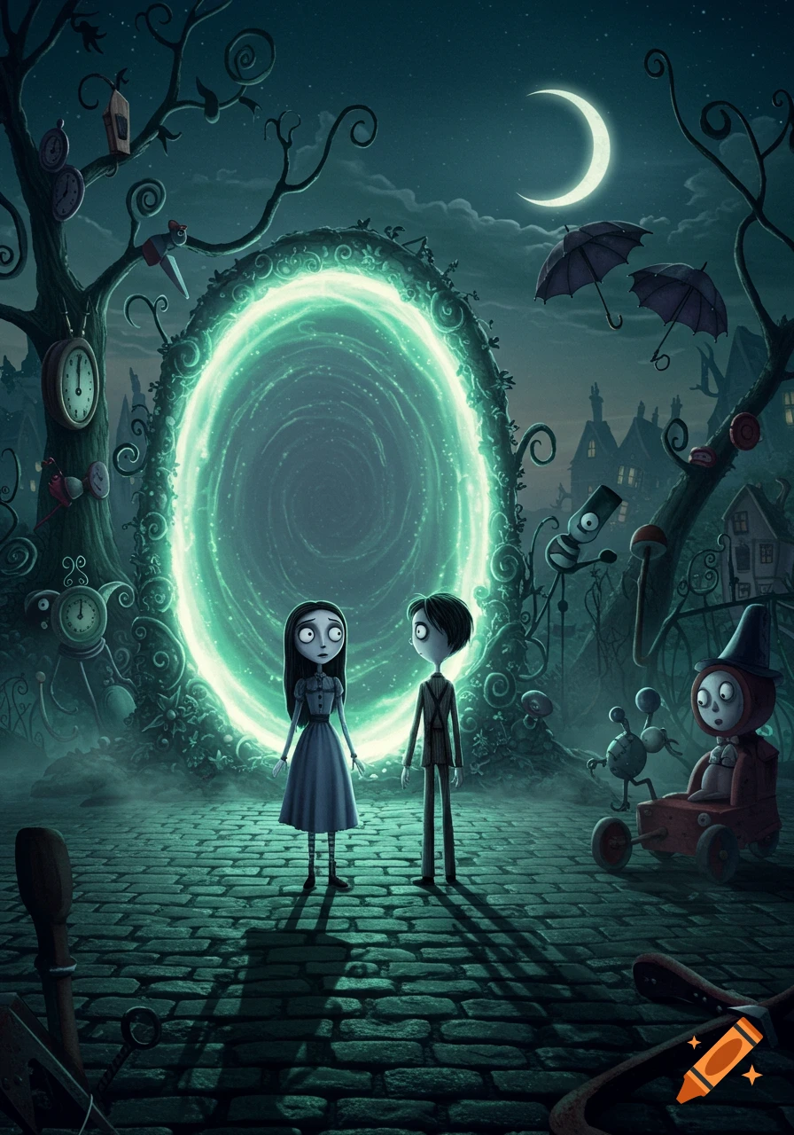 A girl and boy in Tim Burton style stand before a glowing green portal on a cobblestone path, surrounded by eerie trees, clocks, and a crescent moon.