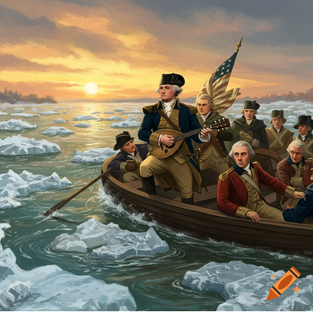 A painted scene of George Washington playing a mandolin while crossing an icy river in a boat with soldiers at sunset.