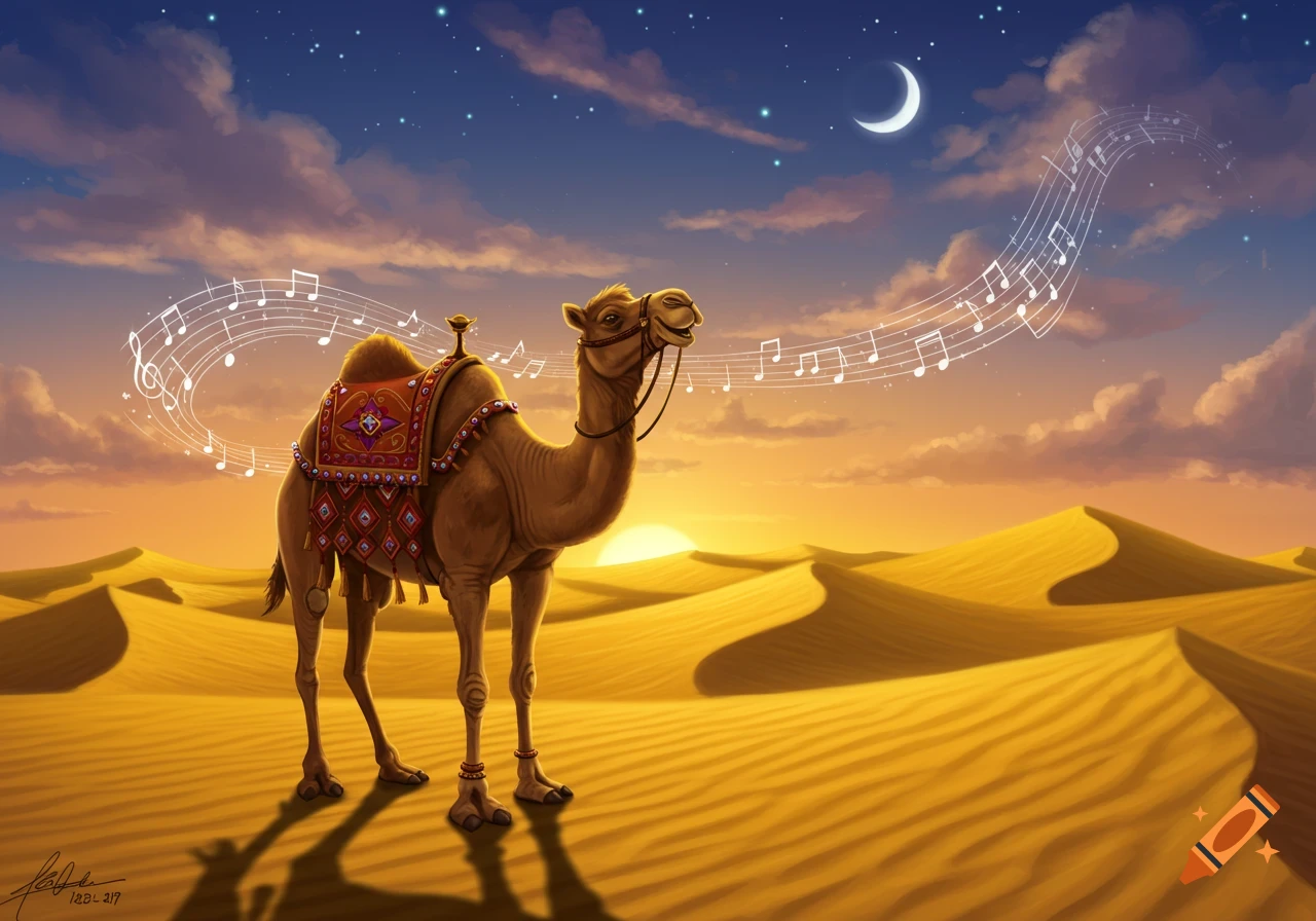 A camel stands in a desert at sunset with musical notes floating around it, under a crescent moon.