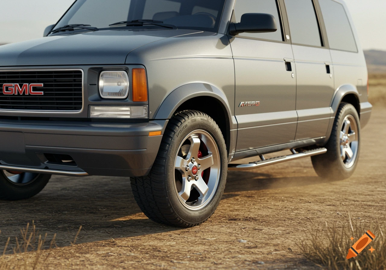 A close-up, photorealistic shot of a gray GMC van on a dirt road, viewed from the front quarter.