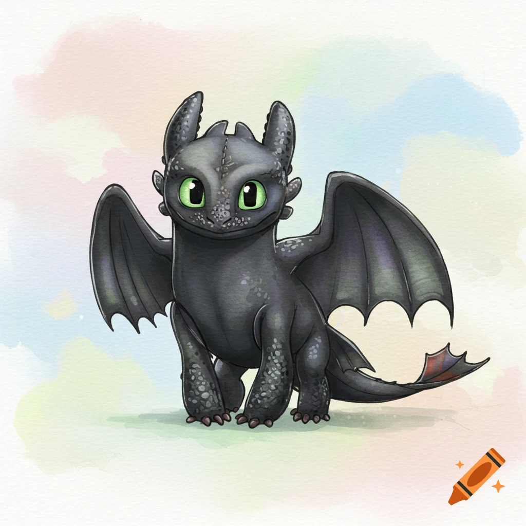 A watercolor illustration of Toothless, a black dragon with bright green eyes, standing on a soft pastel background.