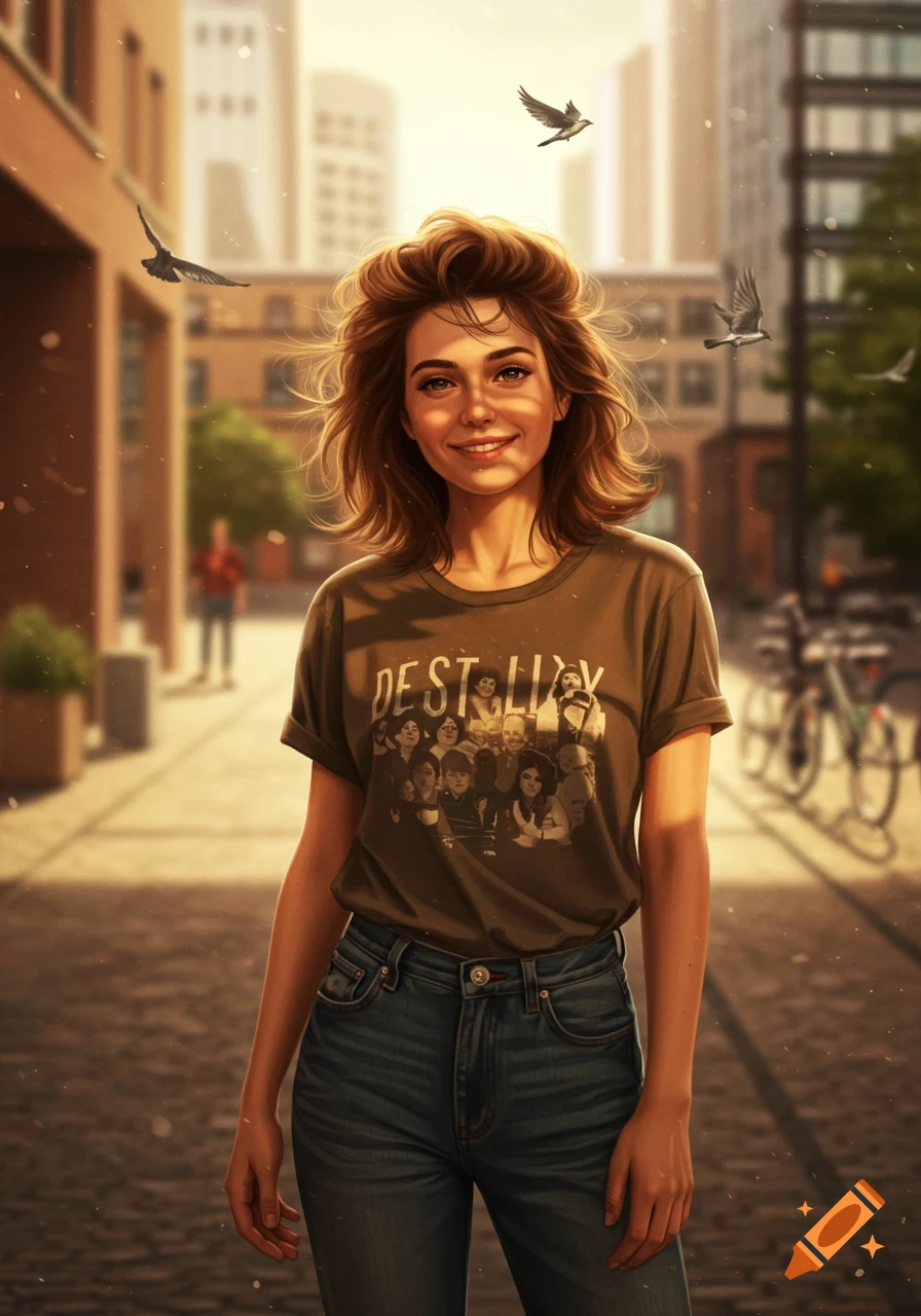 A photorealistic portrait of a young woman with brown hair, smiling, standing on a city street with buildings and flying birds in the background.