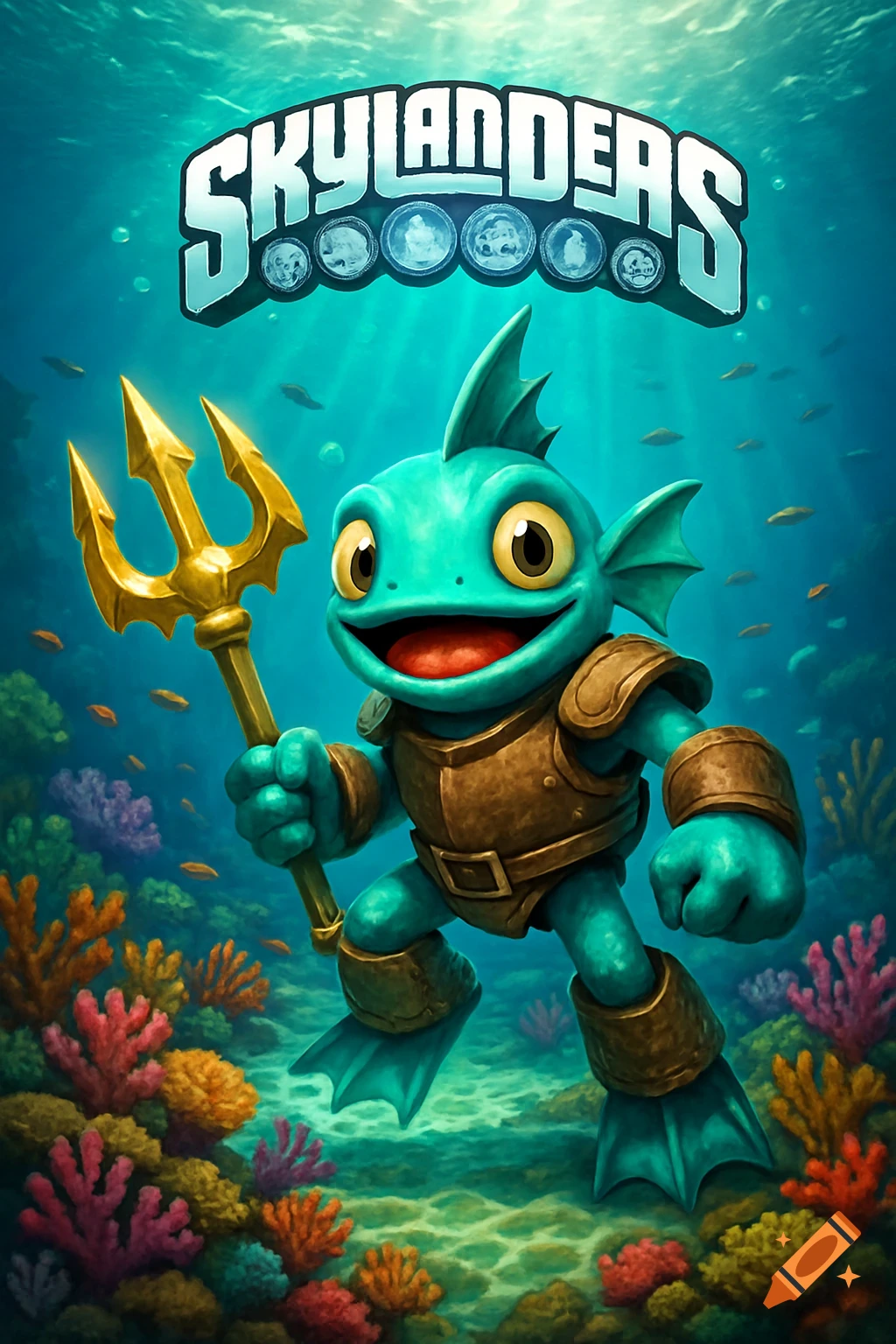 A smiling teal fish-like cartoon character, Gill Grunt from Skylanders, holds a golden trident underwater amidst coral and fish, with the Skylanders logo above.