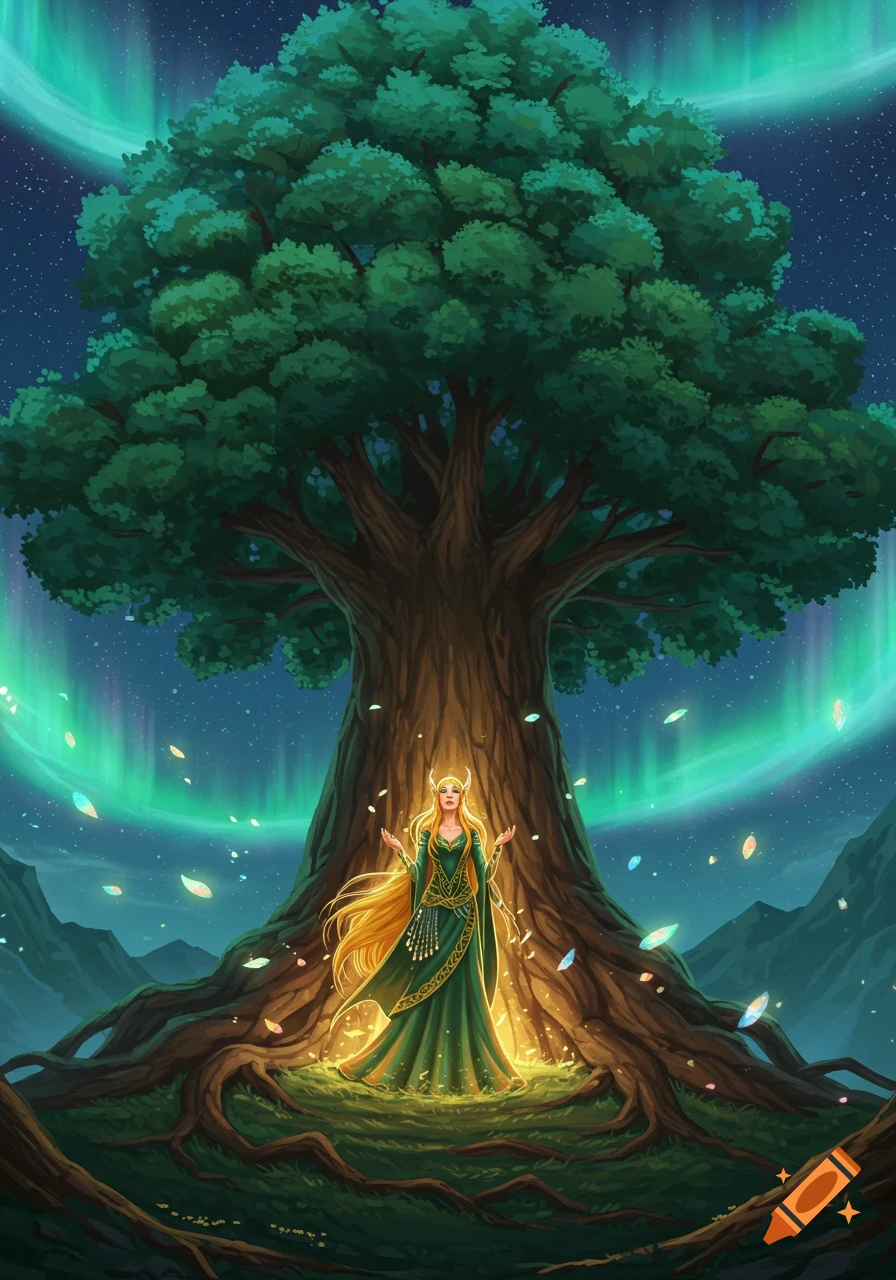 An illustration of the goddess Freya with long blonde hair and a green dress, standing under a glowing Yggdrasil tree with northern lights in the sky.