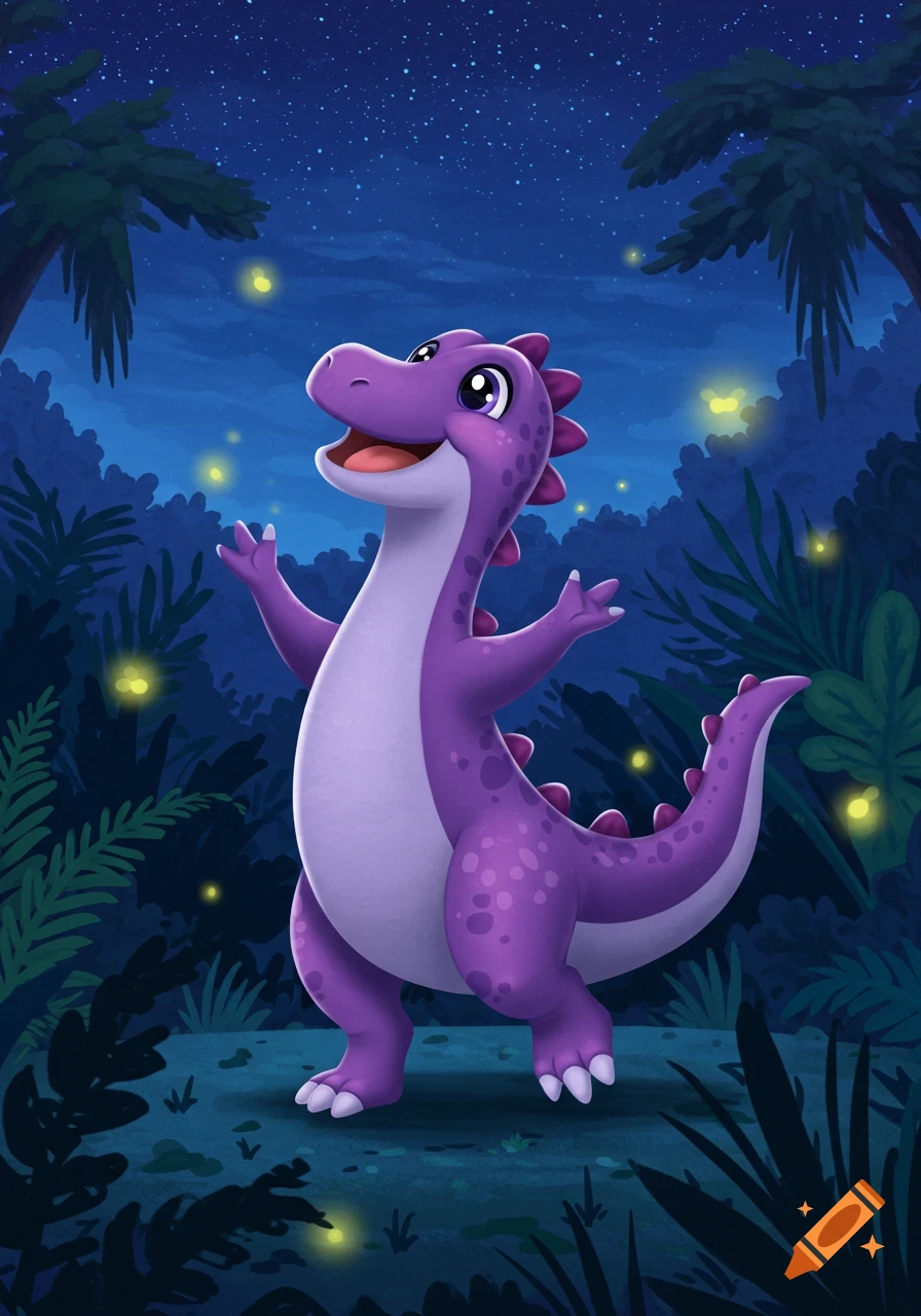 A happy purple cartoon dinosaur with arms outstretched looks up at glowing fireflies in a dark forest at night.