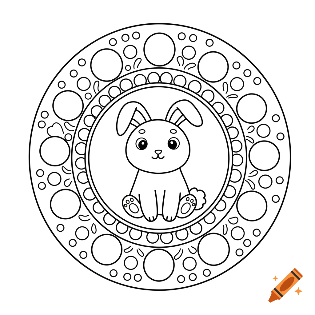 A black and white line art coloring page of a cute cartoon rabbit centered in a symmetrical mandala design.