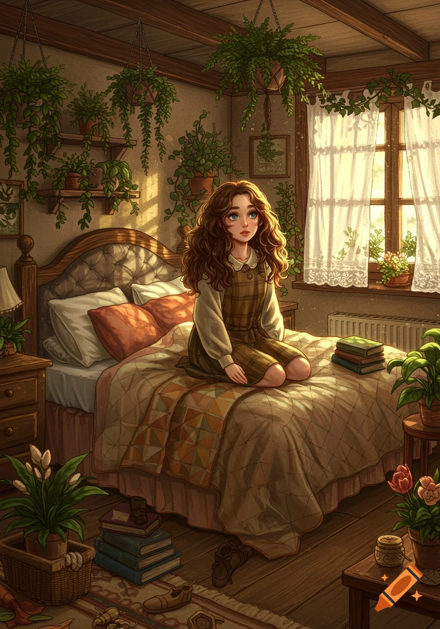 A girl with brown curly hair and blue eyes sits on a bed in a cozy cottagecore room filled with numerous plants, bathed in warm sunlight.