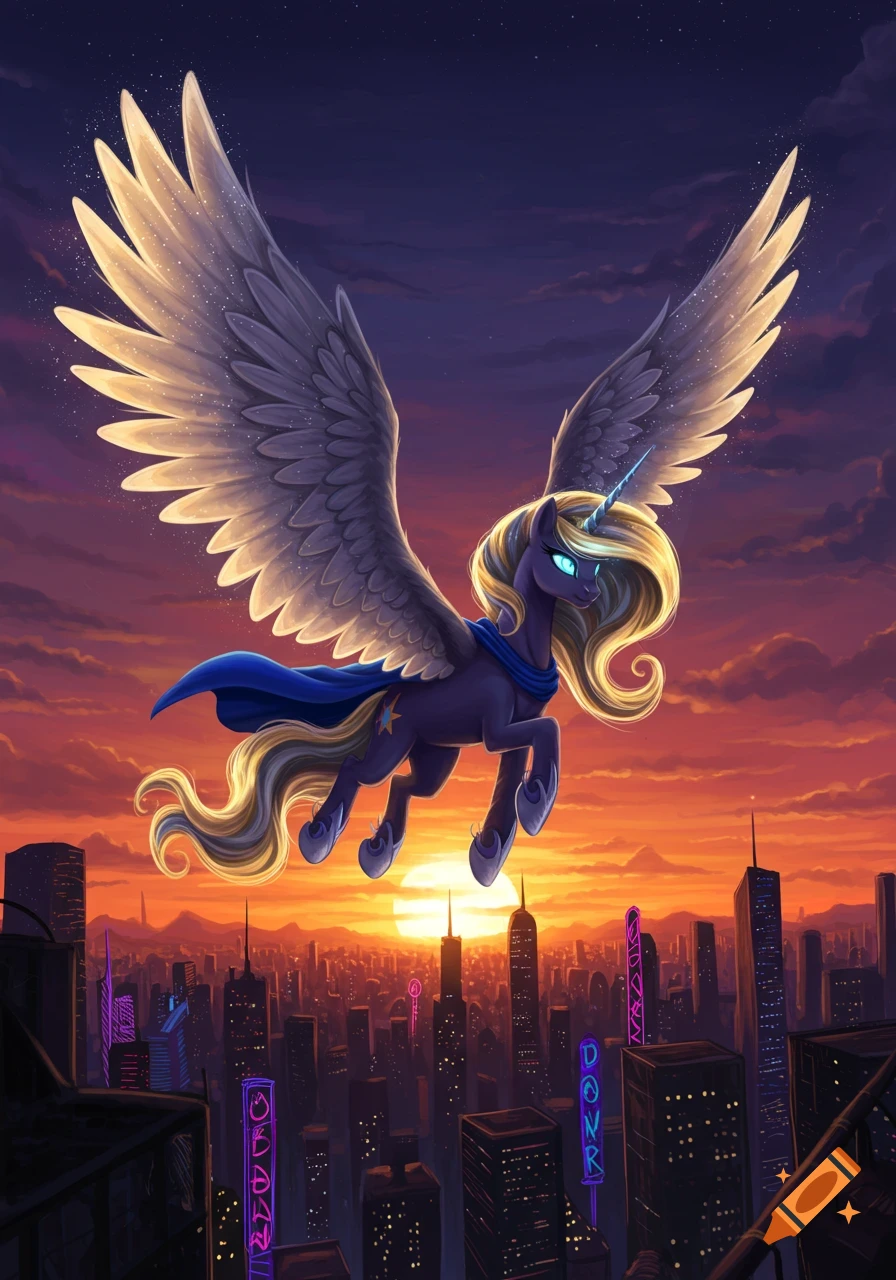 A majestic alicorn with glowing wings and a blue cape flies over a futuristic city during a vibrant sunset.