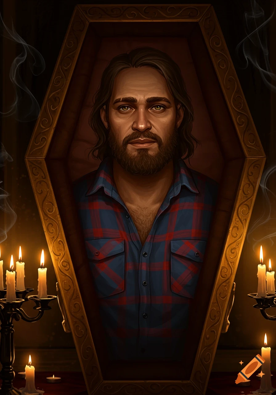 A man with a beard and long brown hair wearing a blue and red flannel shirt sits upright in an ornate wooden coffin, surrounded by lit candles and smoke in a dark, gothic digital art style.