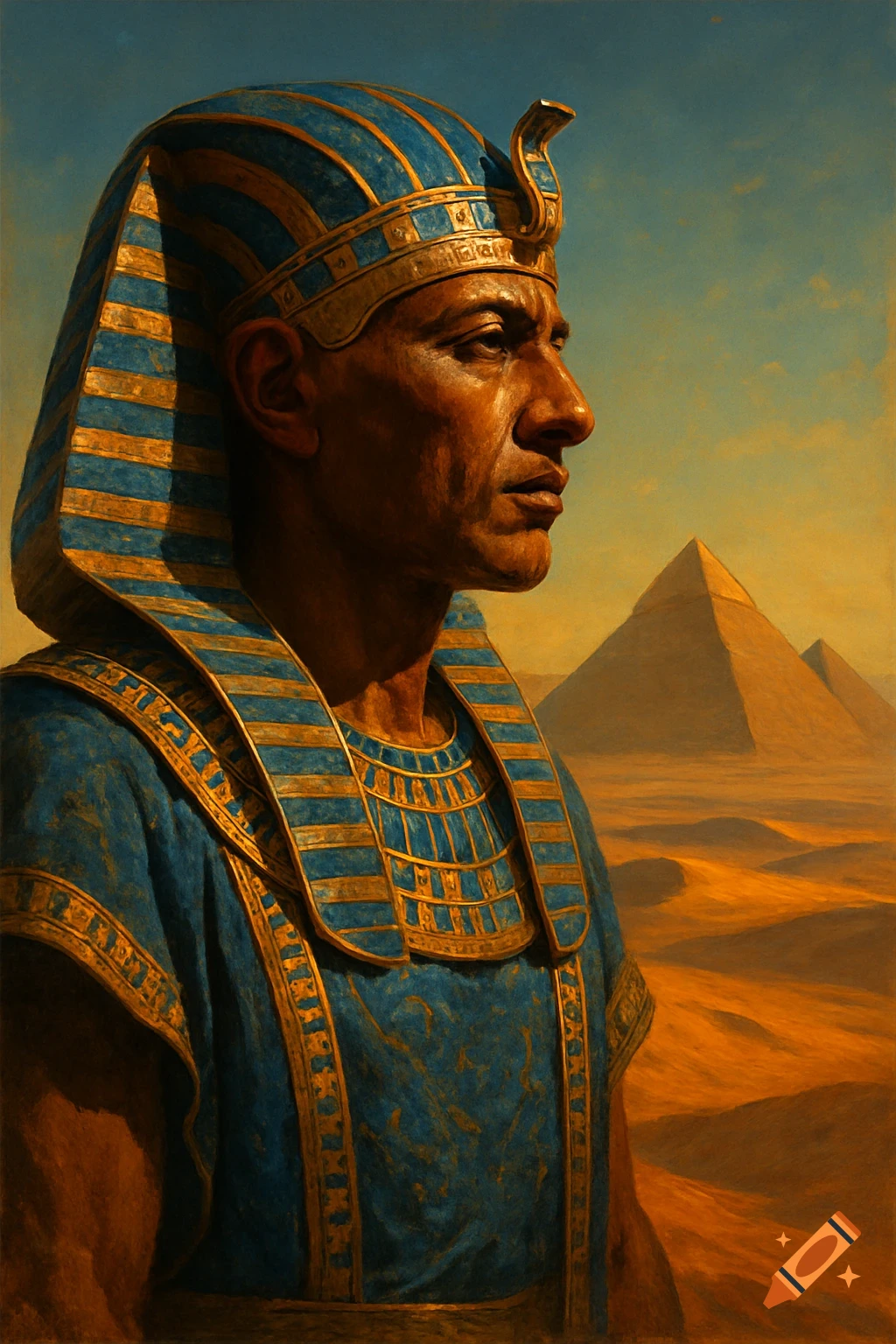 A pharaoh in a blue and gold headdress and robes stands in a desert with pyramids under a blue sky.