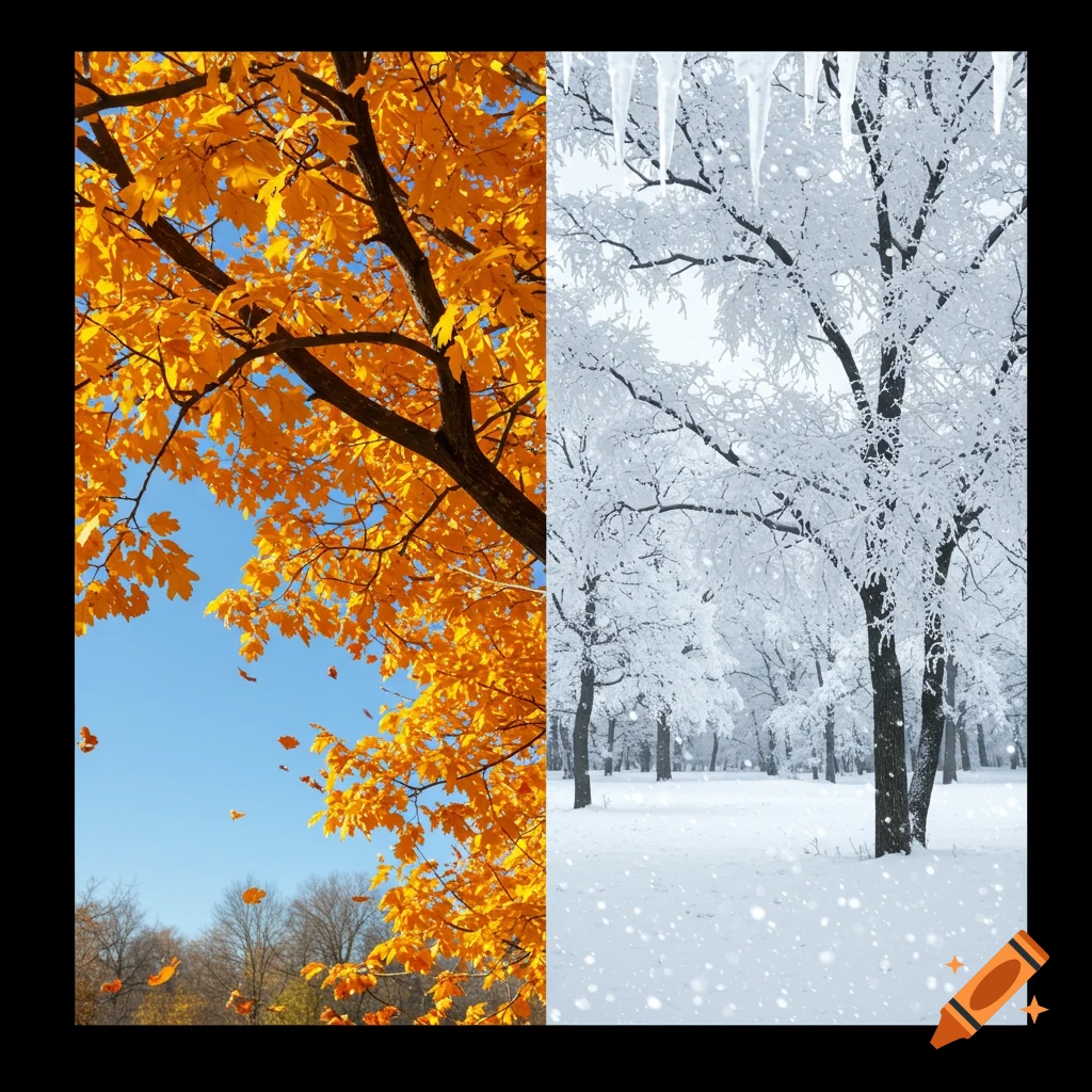 A split image showing vibrant orange autumn leaves on a tree against a blue sky on the left, and a snowy winter forest with icicles on the right.