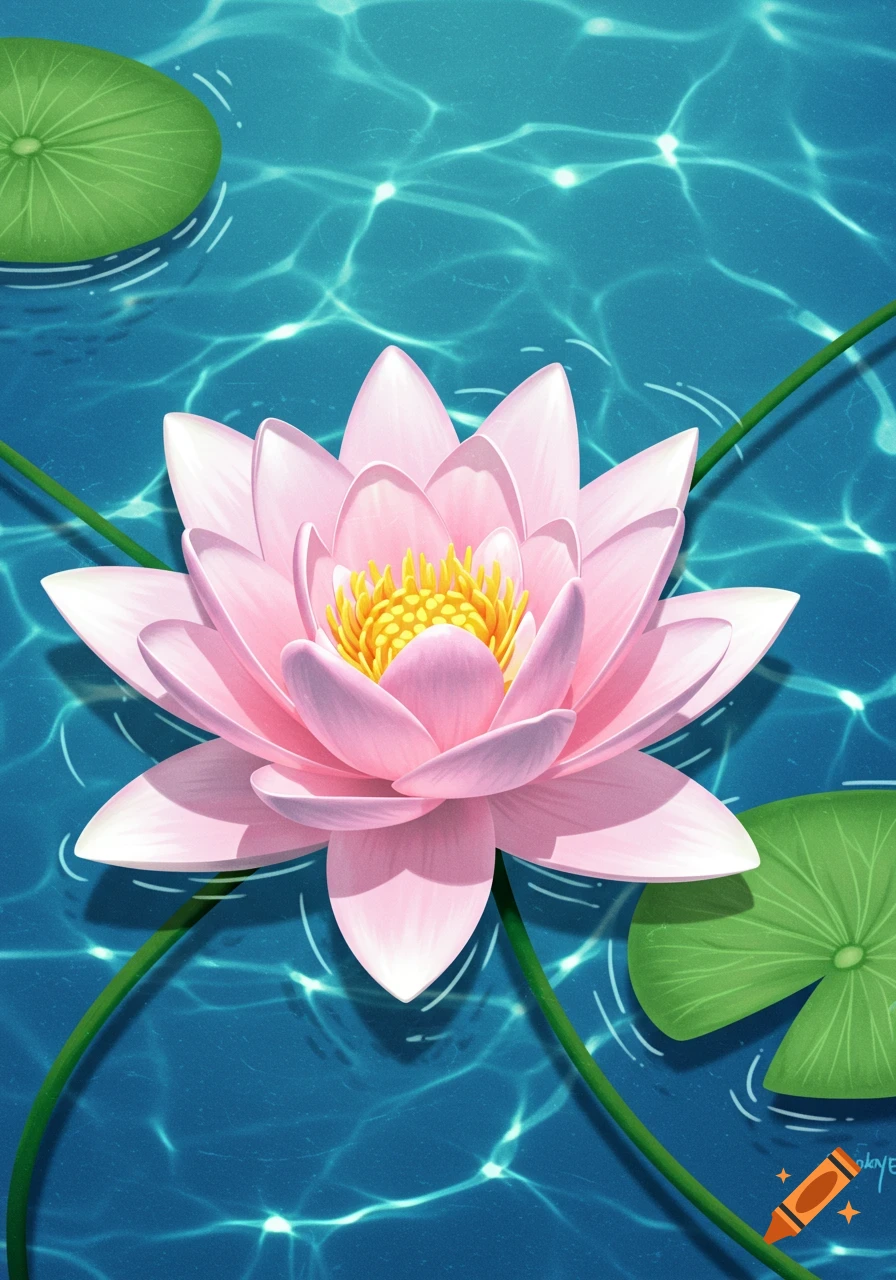 A vibrant pink lotus flower with yellow stamens floats on a clear blue pond surrounded by green lily pads, with sunlight reflecting on the water.