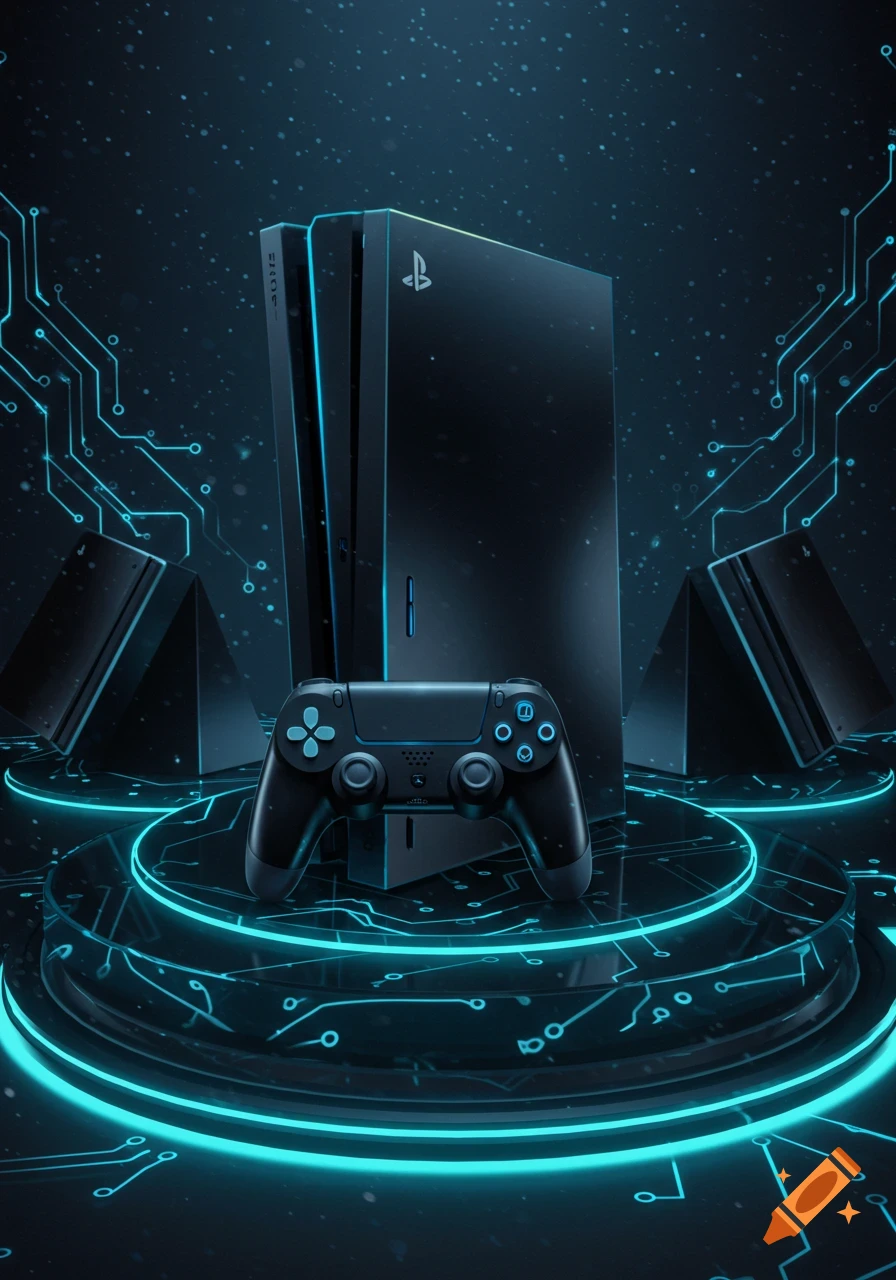 A sleek black PlayStation console and controller stand on a glowing blue circuit board platform against a dark, starry background.
