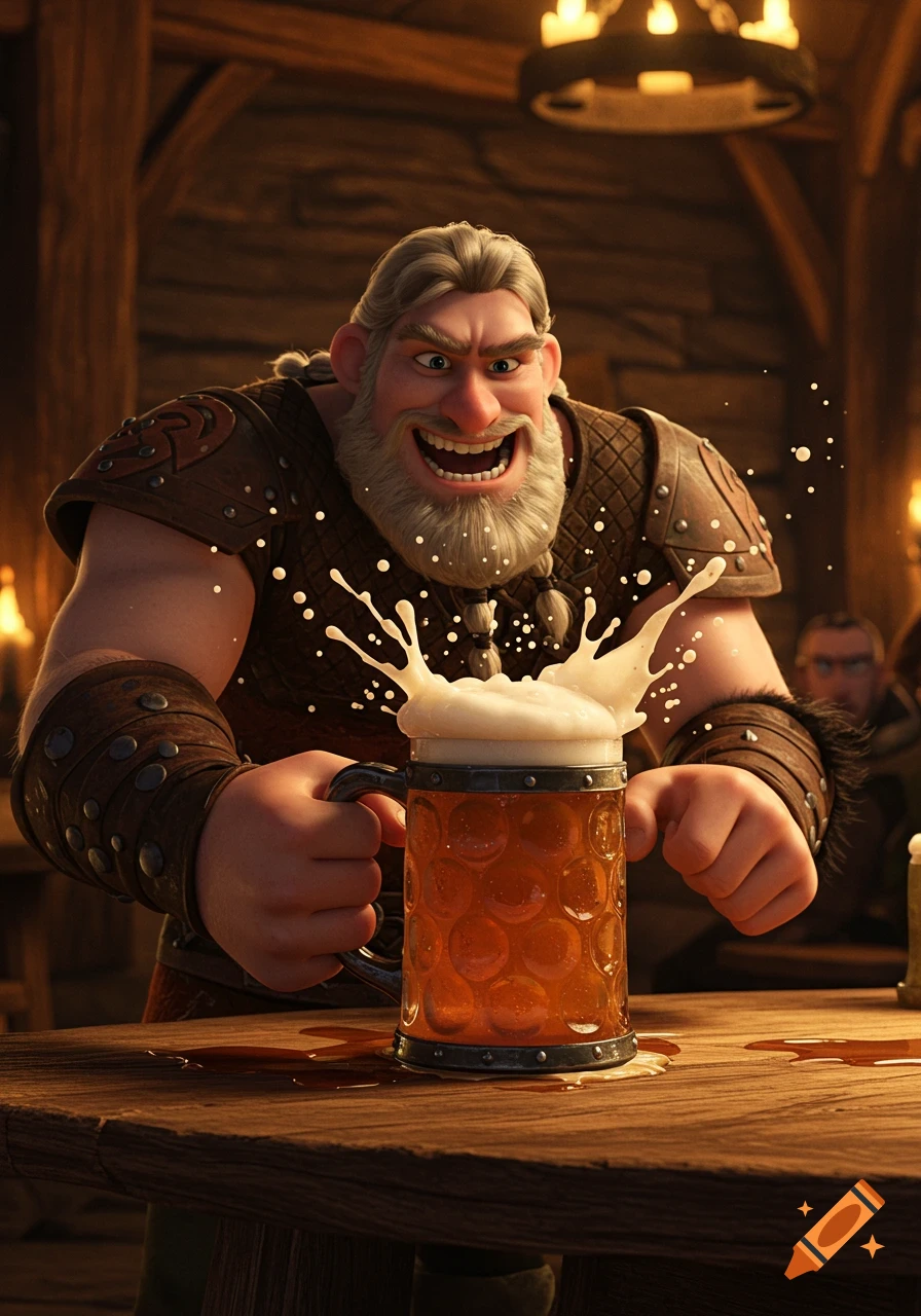 Cartoon viking Stoick the Vast slams a beer mug on a tavern table, causing a frothy splash.