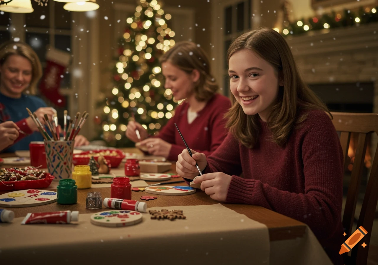 A smiling young girl and her family painting wooden Christmas ornaments at a dining table, with a festive Christmas tree in the background.