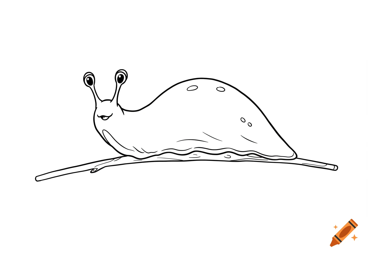 A cartoony black and white line drawing of a slug with big eyes crawling on a thin stick.
