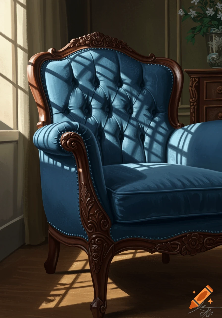 An elegant blue armchair with carved wooden details sits in a sunlit room, with window shadows casting stripes.