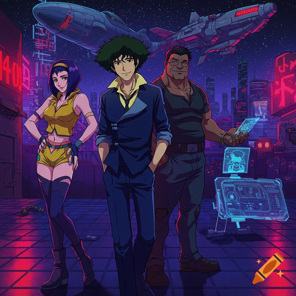 Anime characters Spike, Faye, and Jet from Cowboy Bebop stand in a vibrant, futuristic cyberpunk city with neon signs and a spaceship in the night sky.
