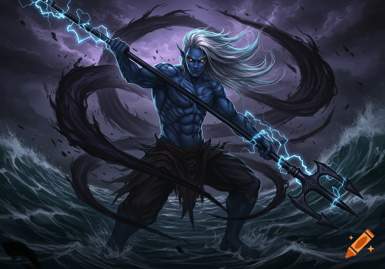Blue-skinned anime man with long white hair and red eyes, holding a glowing trident in stormy waters under dark clouds.