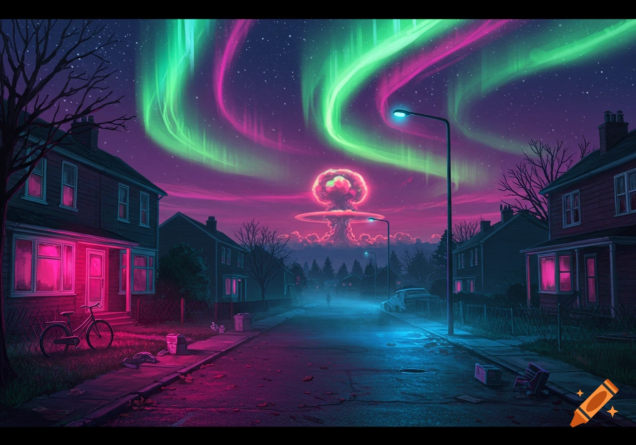 Vibrant neon night scene of a suburban street under a pink and green aurora with a distant nuclear mushroom cloud.