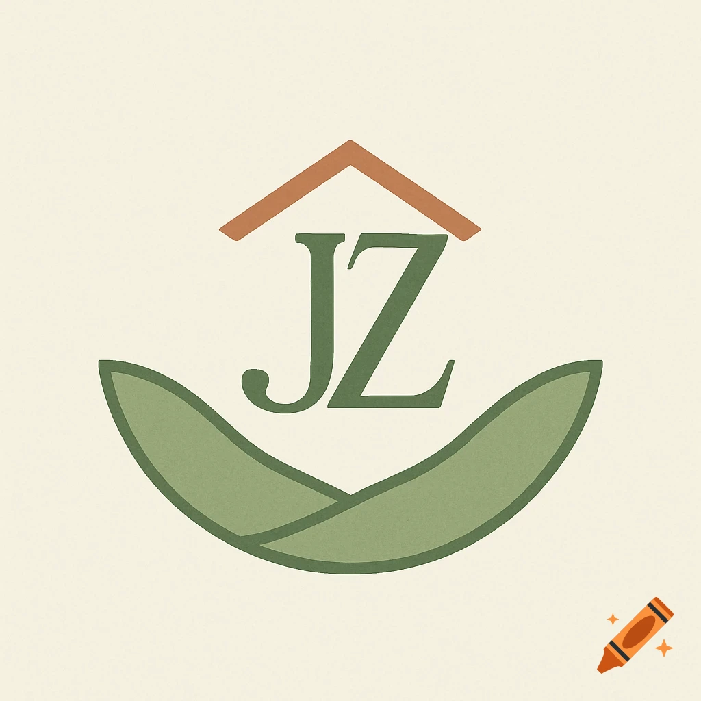 A minimalist logo featuring green letters "JZ" under a brown roof shape, above two green curved shapes on a cream background.