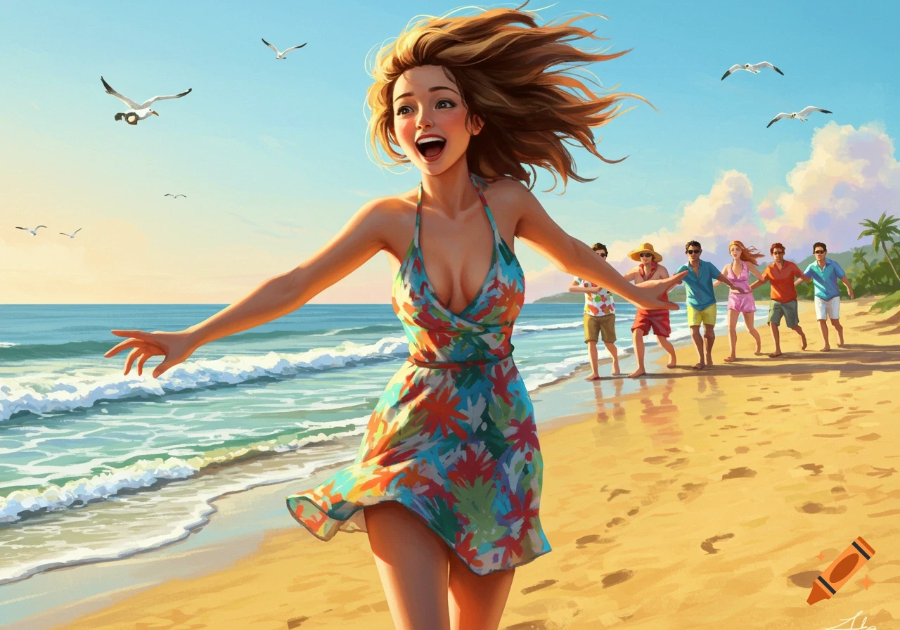 A joyful woman runs on a sunny beach with waves, followed by people in a line, in a vibrant illustration.