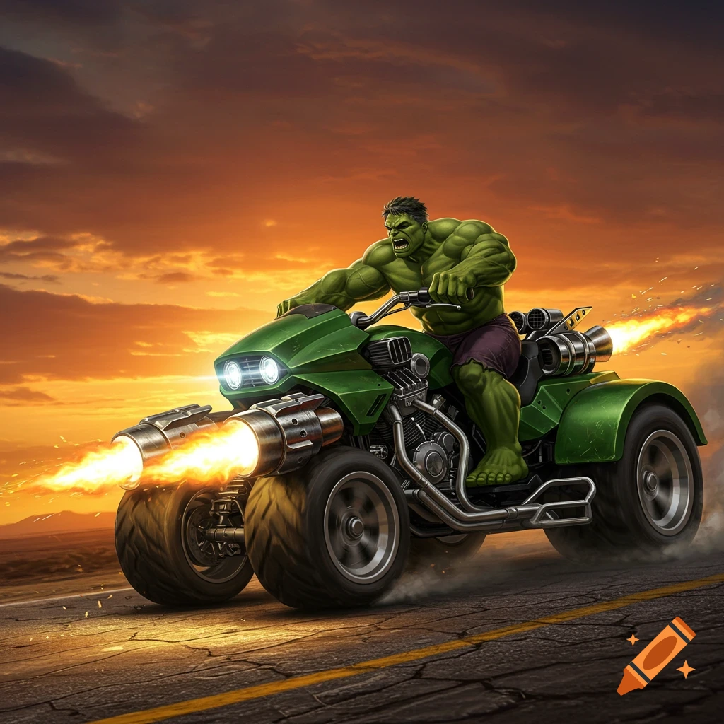 The Hulk rides a green trike with flaming rocket engines on a road at sunset.