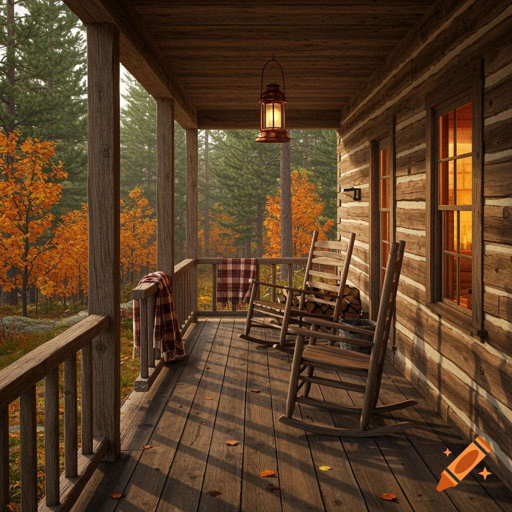 A rustic wooden cabin porch with two rocking chairs and a lantern, overlooking an autumn forest with orange trees. Photorealistic.