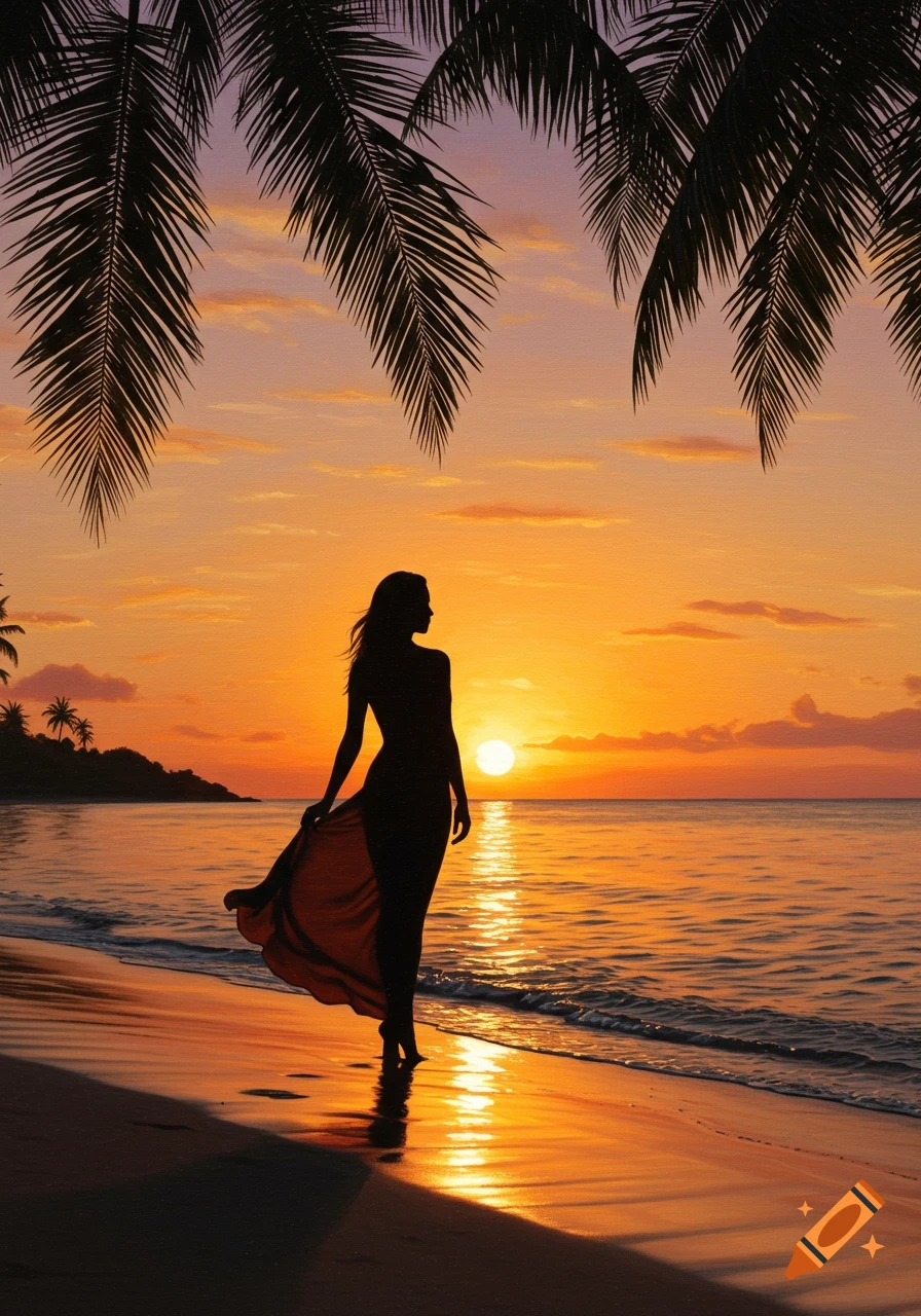 Silhouette of a woman walking on a tropical beach at sunset, with palm fronds overhead and the sun reflecting on the water.