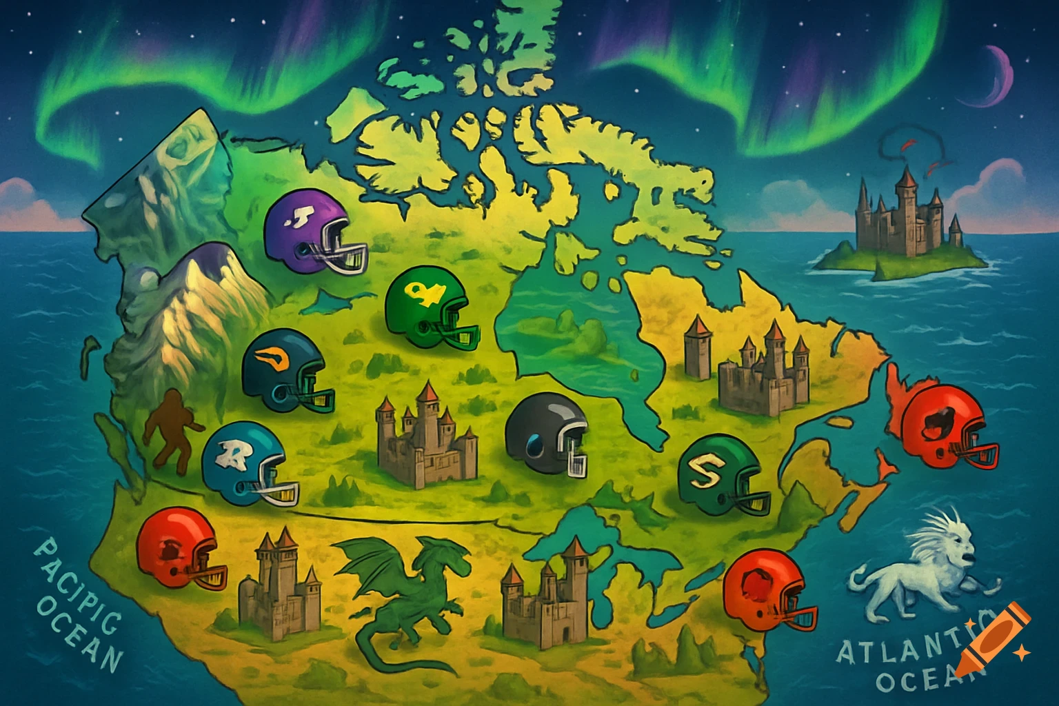 A colorful, cartoon map of Canada showing various football helmets, fantasy castles, a dragon, bigfoot, and a white lion, under an aurora borealis sky.