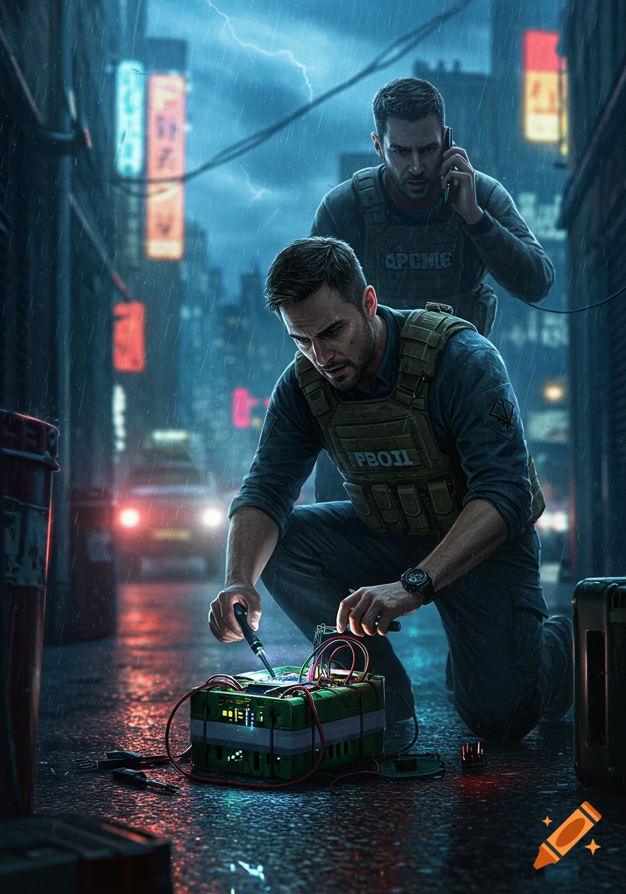 Two men in tactical gear in a rainy, neon-lit alley at night. One man kneels, carefully defusing a bomb, while the other stands behind him, talking on a phone.