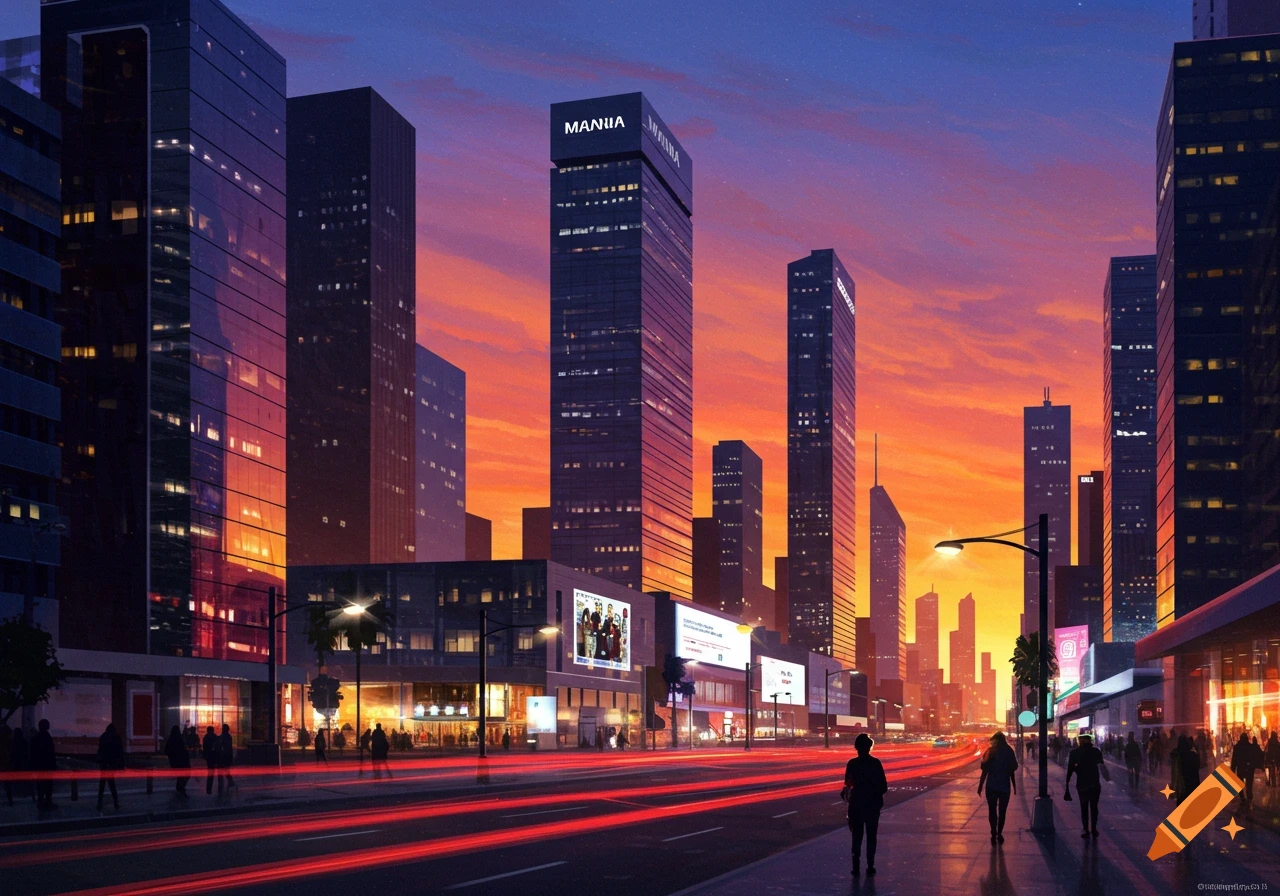 A vibrant cityscape at sunset with tall buildings reflecting the orange and purple sky, illuminated streets, and the light trails of cars.