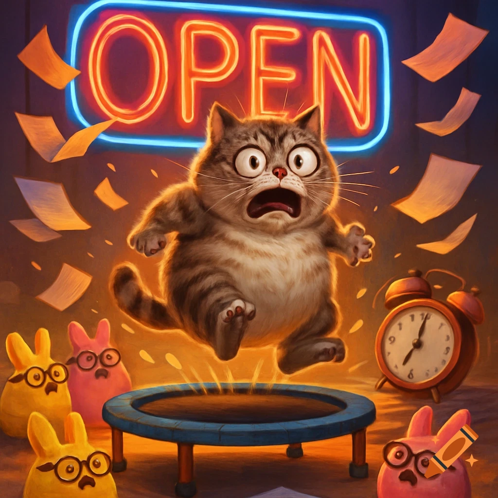 A chubby, panicked tabby cat jumps on a trampoline under a neon 'OPEN' sign, as papers fly and small creatures watch.