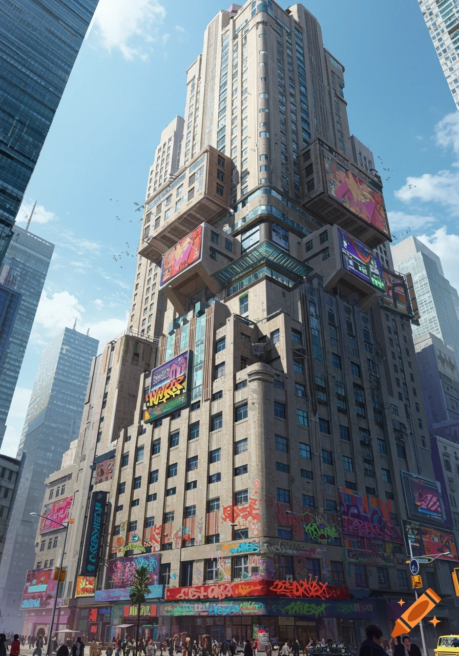 A tall, ornate building covered in colorful graffiti and digital billboards, set in a bustling, chaotic city scene with people on the street.