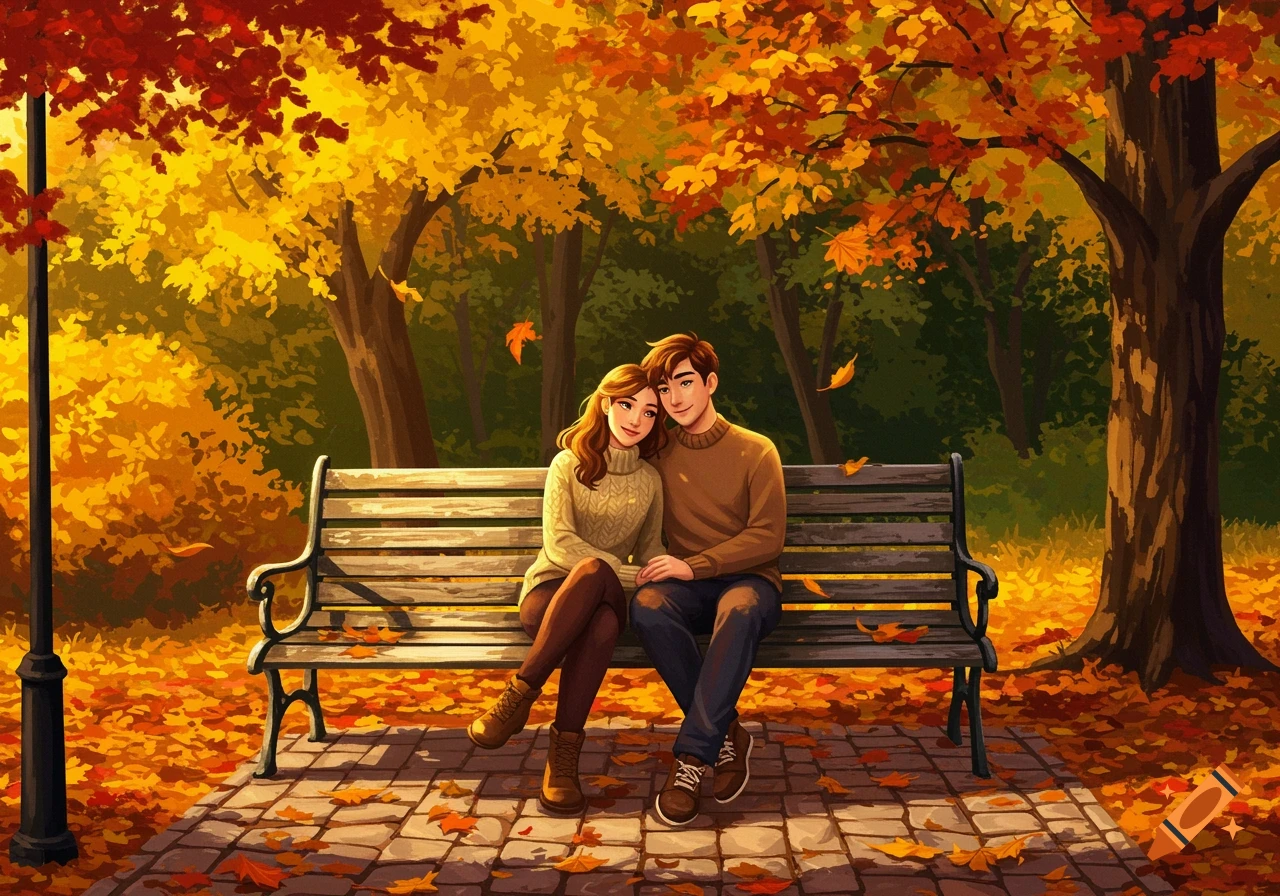 A stylized illustration of a young couple sitting closely on a park bench, surrounded by vibrant yellow and orange autumn leaves.