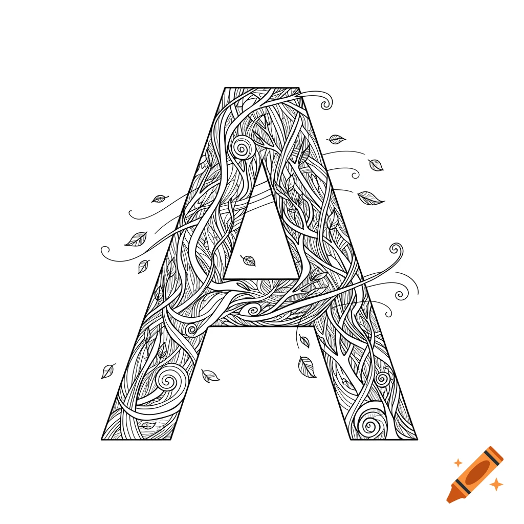 Black and white line art illustration of the letter A, stylized with intricate root-like patterns and small leaves.