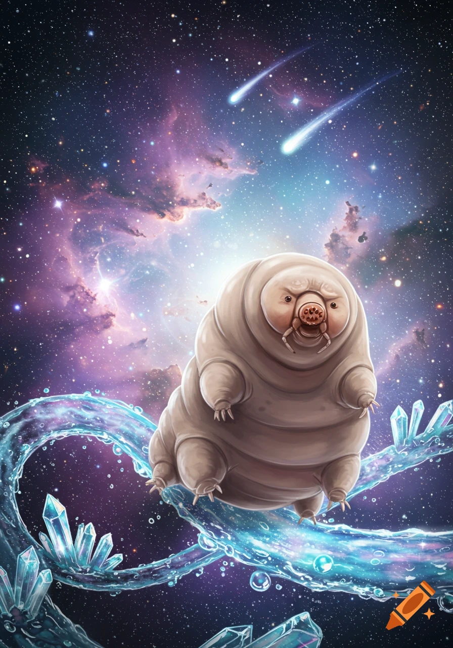 A stylized, plump tardigrade rides a glowing, icy roller coaster through a colorful nebula with shooting stars and crystals.