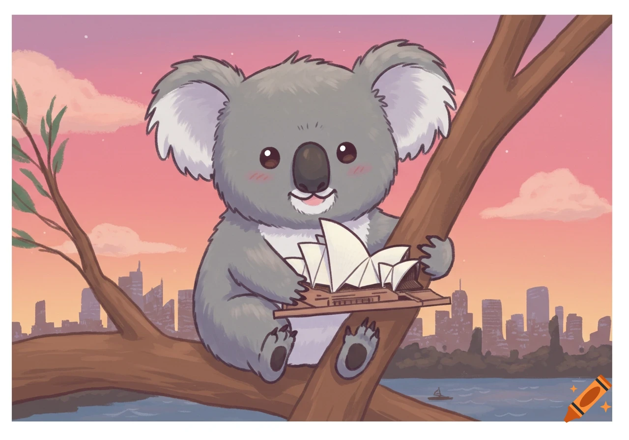 A cute cartoon koala sits on a tree branch holding a miniature Sydney Opera House, with a city skyline at sunset in the background.