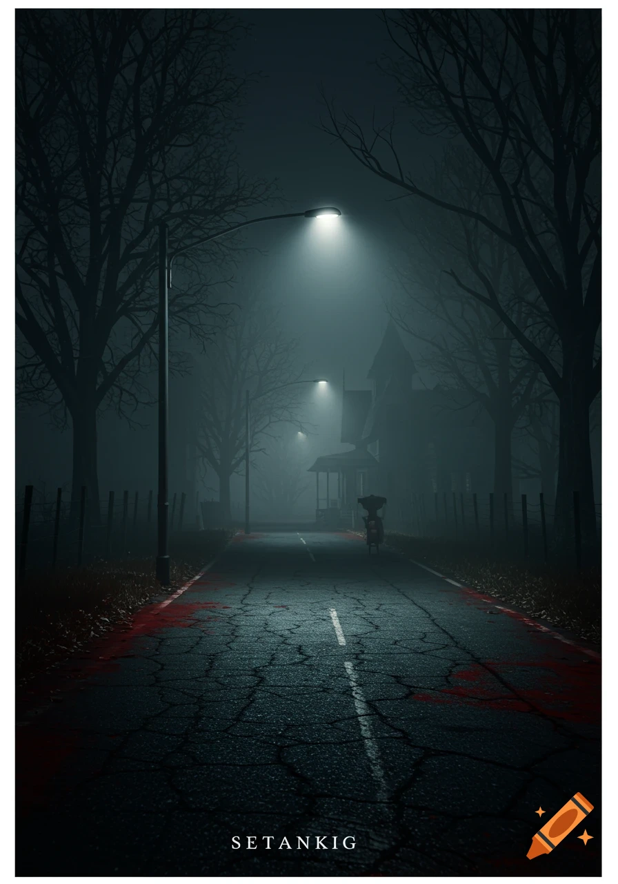 A dark, foggy, desolate street at night with a lone streetlamp, a creepy house in the distance, and red splatters on cracked asphalt.