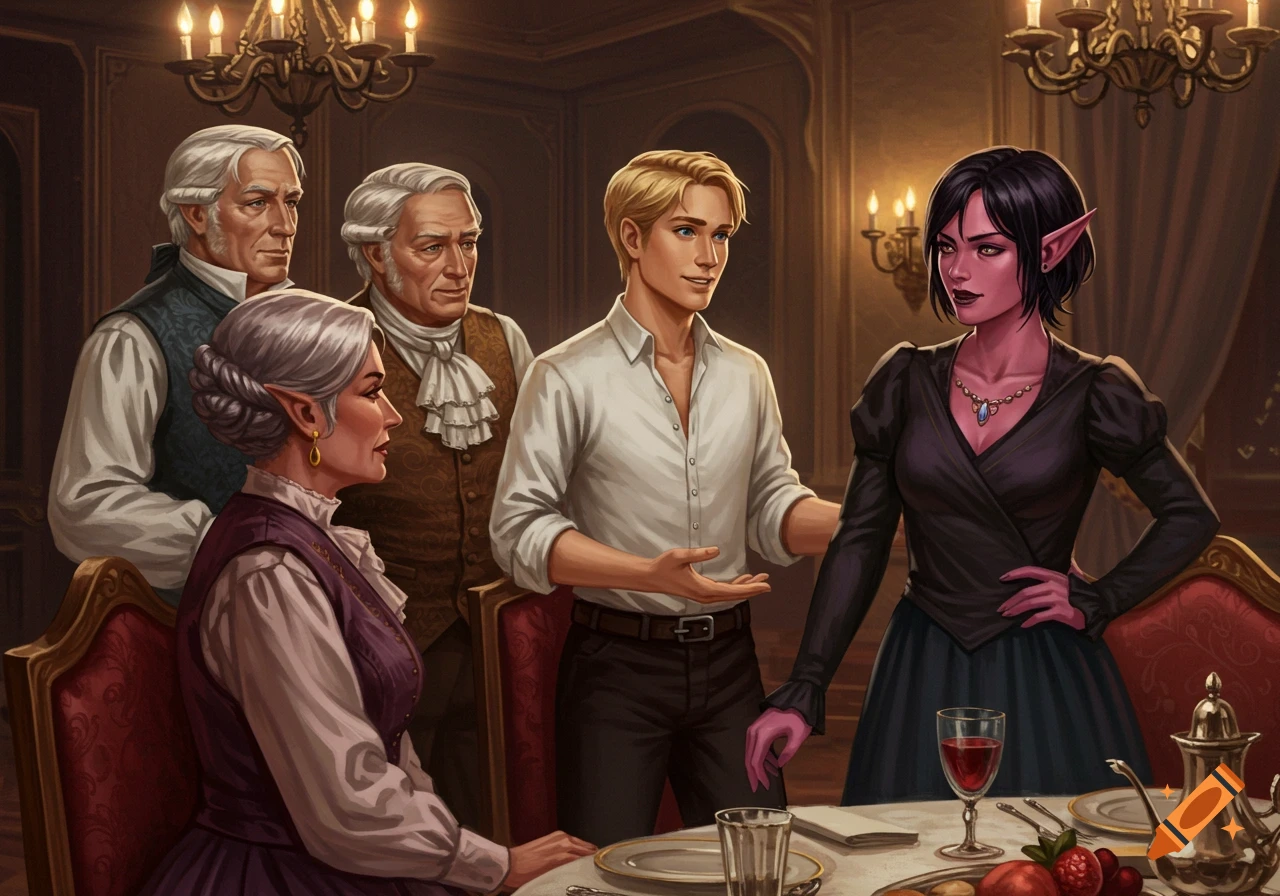 A young man introduces a pink-skinned elf woman to his older, noble parents in a richly decorated room with chandeliers.