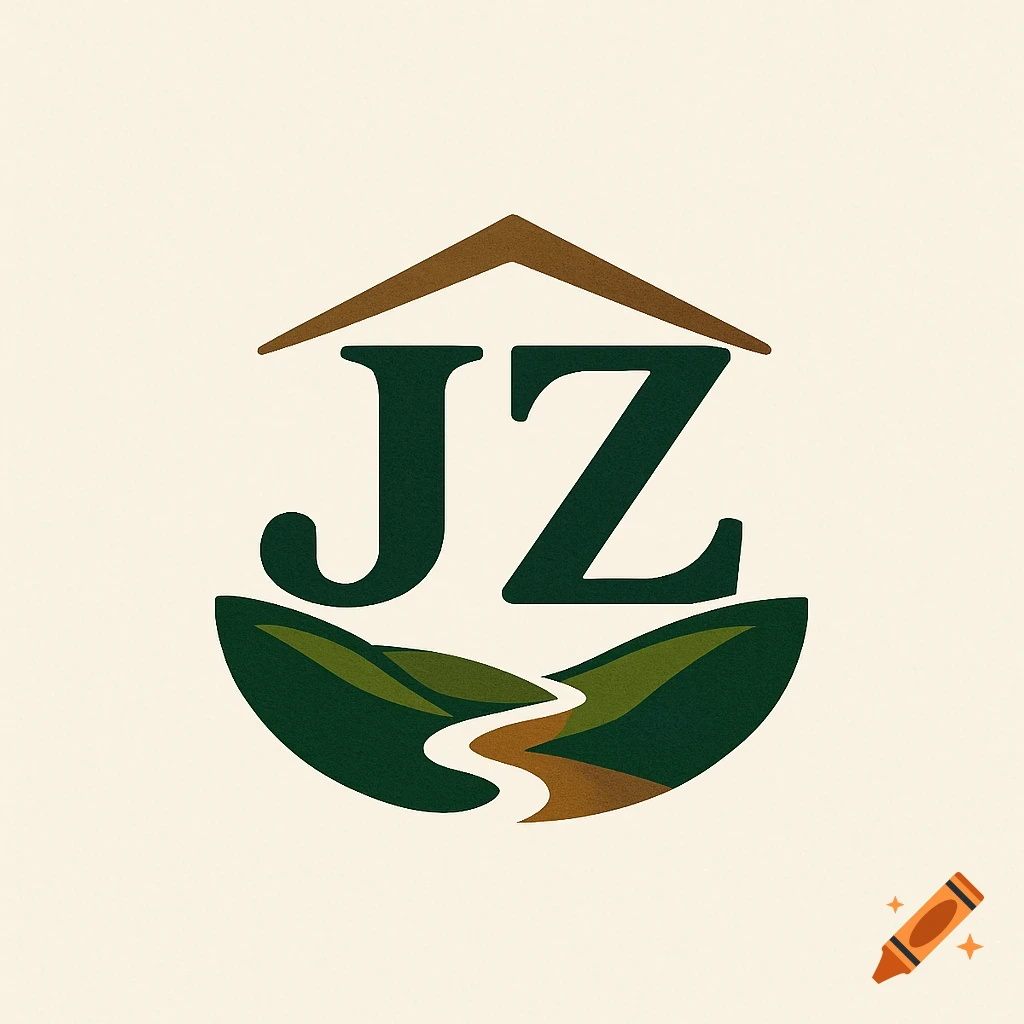 A logo featuring the letters JZ under a brown roof shape, set above green hills and a winding path, on a light background.