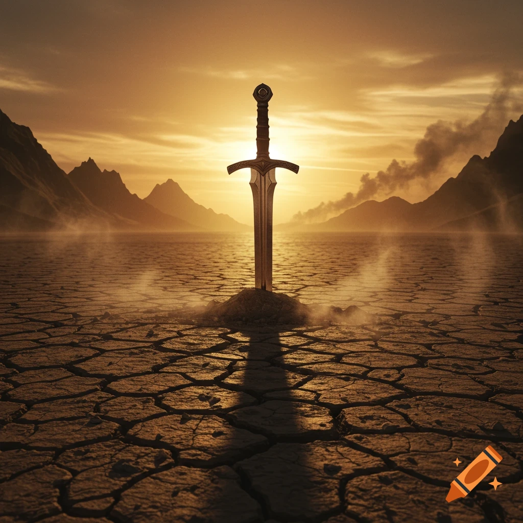 A sword stuck upright in cracked, dry earth at sunset, with mountains in the background and mist rising.