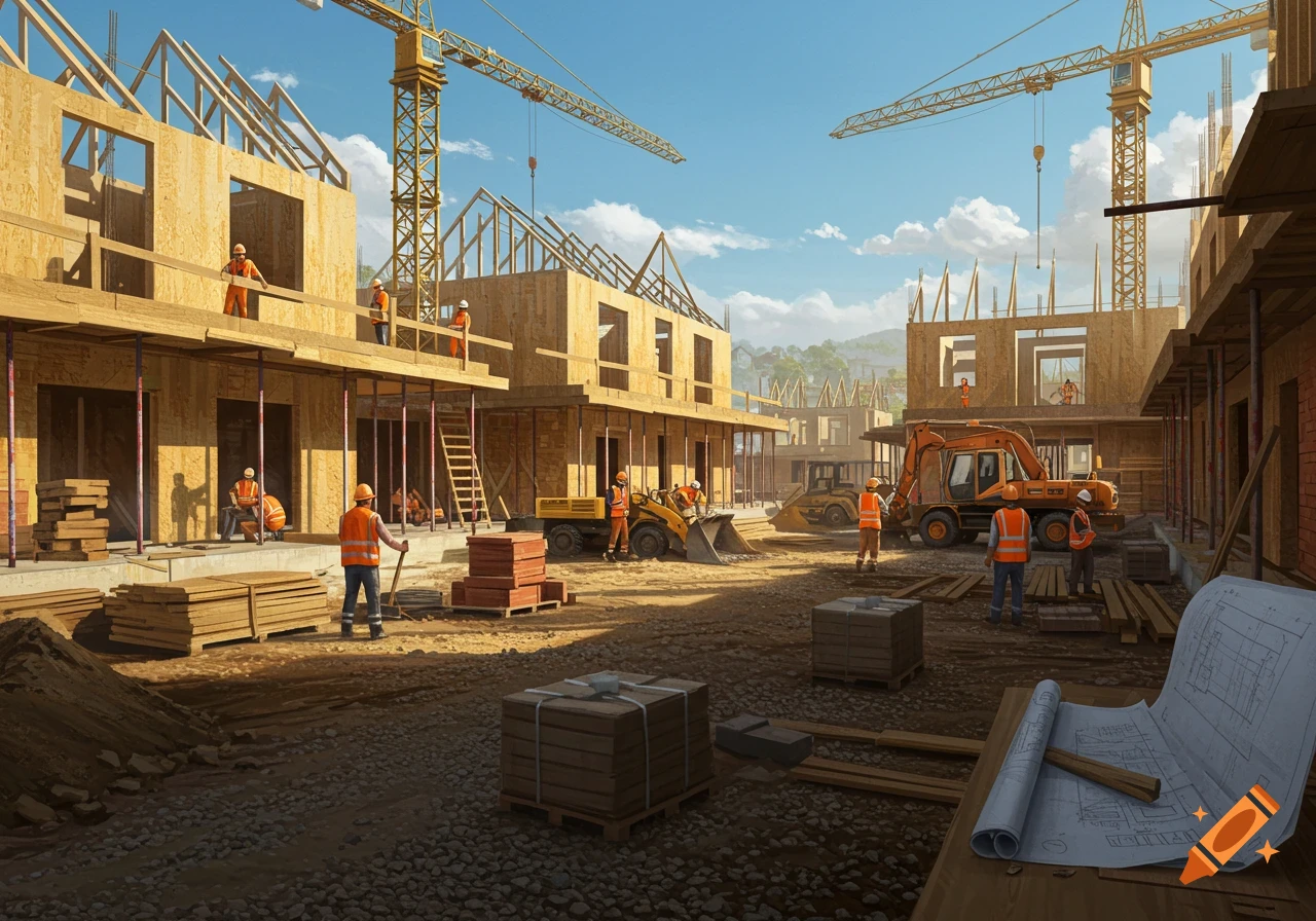 A photorealistic view of a bustling residential construction site under a clear sky, with workers, scaffolding, and cranes.